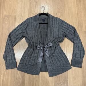 West End Grey Cable Knit Cardigan with Satin Tie Waist Size XL